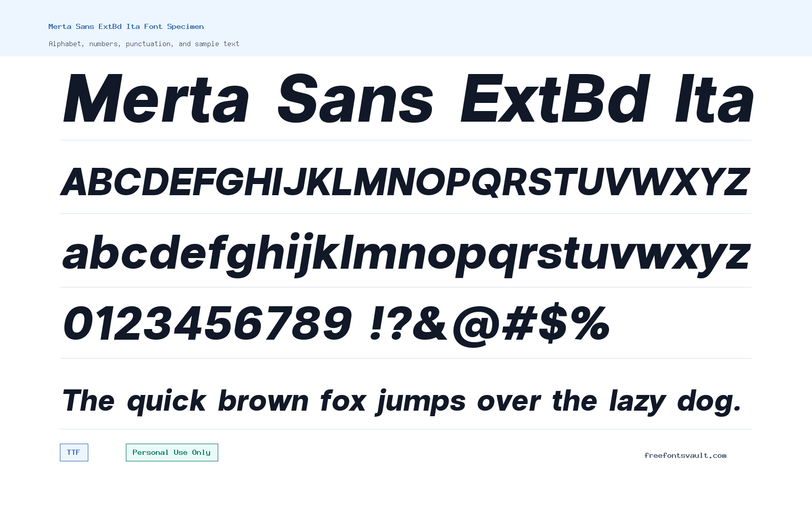 Merta Sans ExtBd Ita font specimen showing alphabet, numbers, and sample text