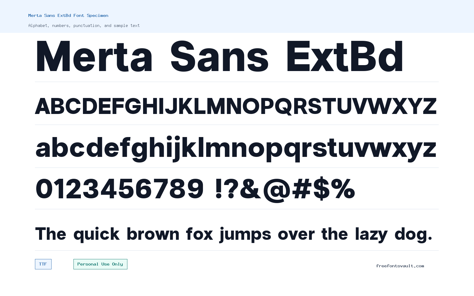 Merta Sans ExtBd font specimen showing alphabet, numbers, and sample text