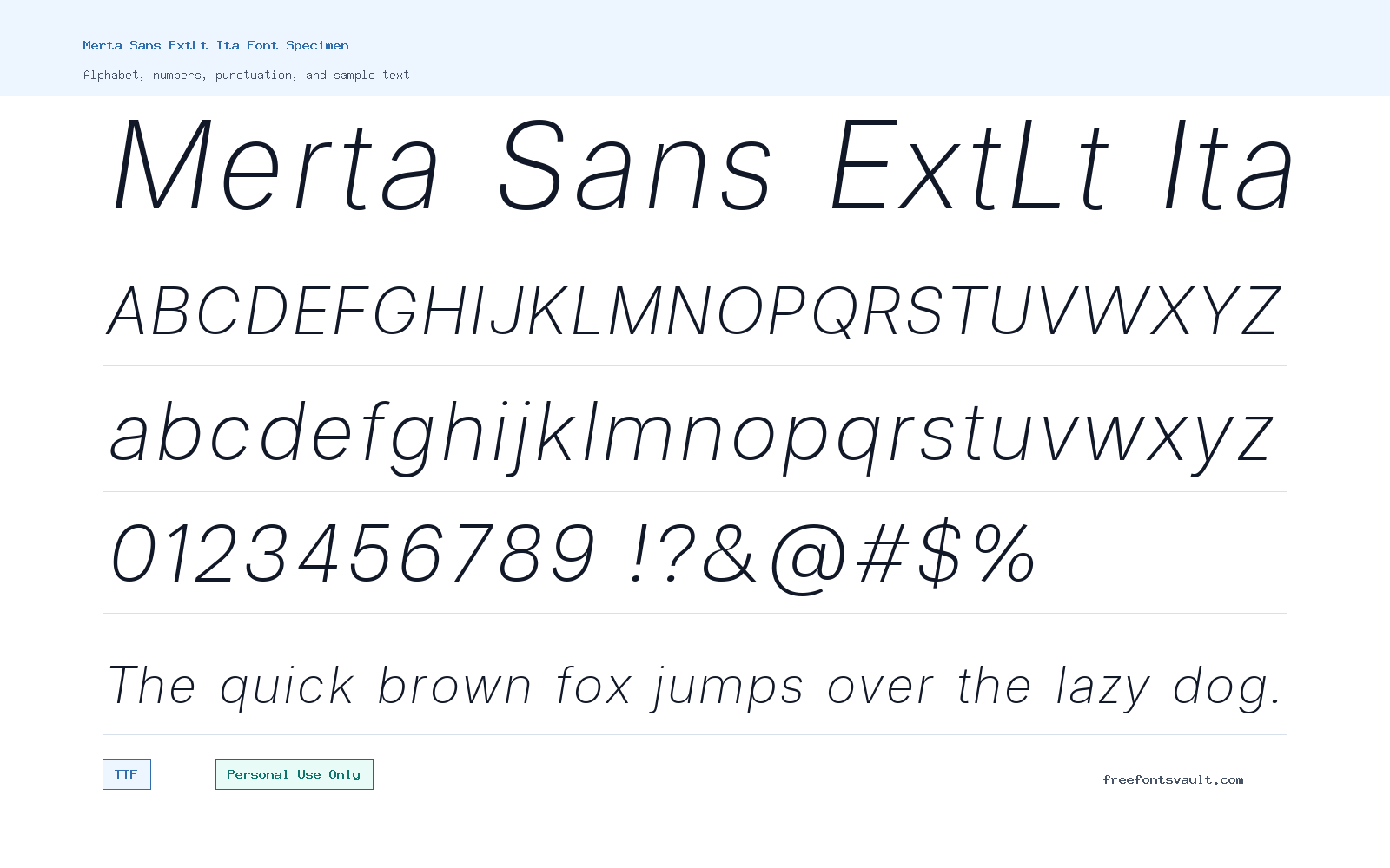 Merta Sans ExtLt Ita font specimen showing alphabet, numbers, and sample text