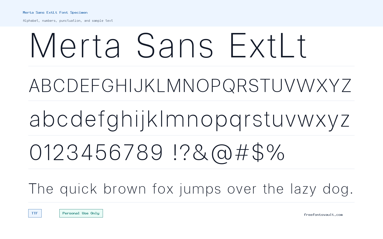 Merta Sans ExtLt font specimen showing alphabet, numbers, and sample text