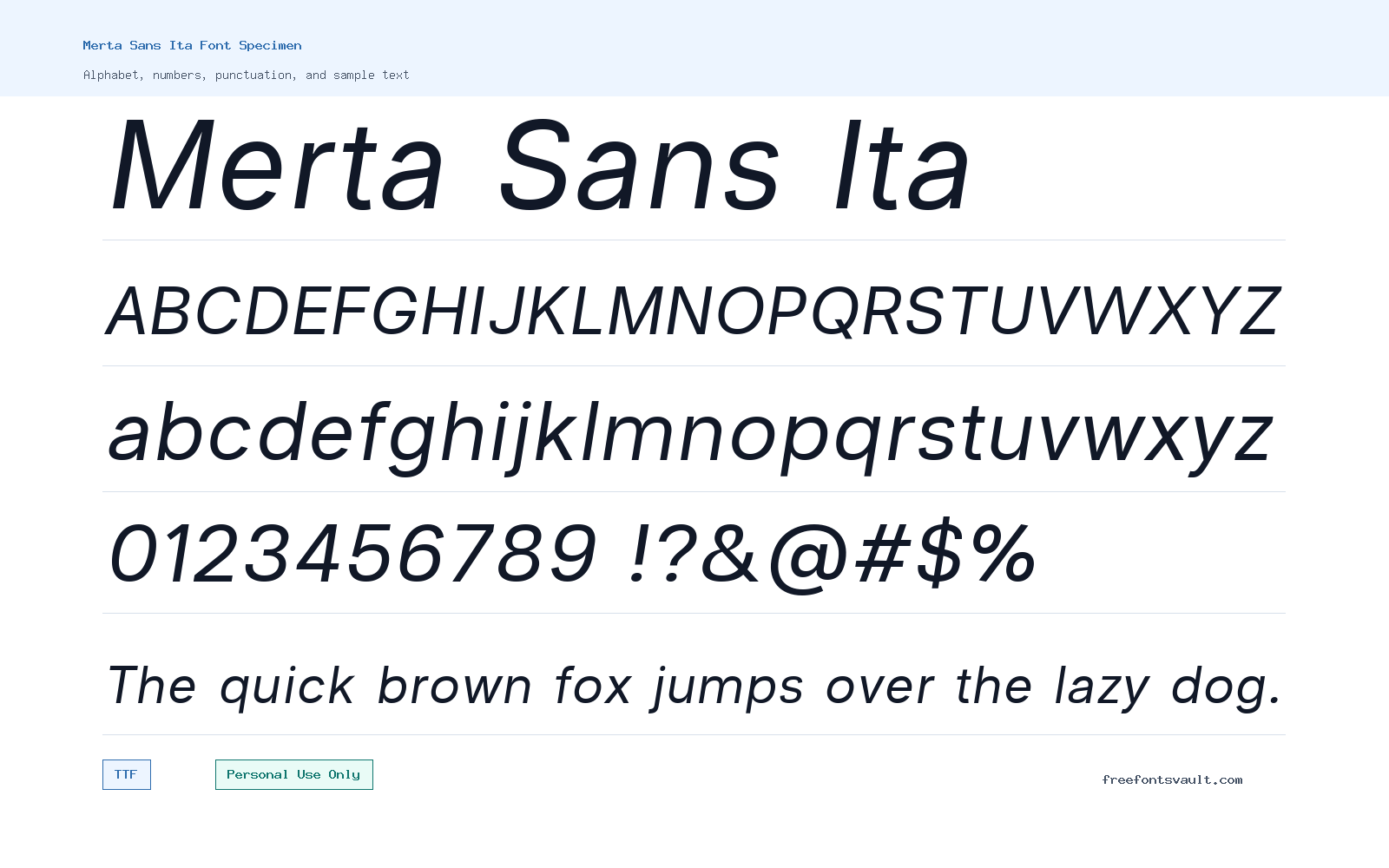Merta Sans Ita font specimen showing alphabet, numbers, and sample text