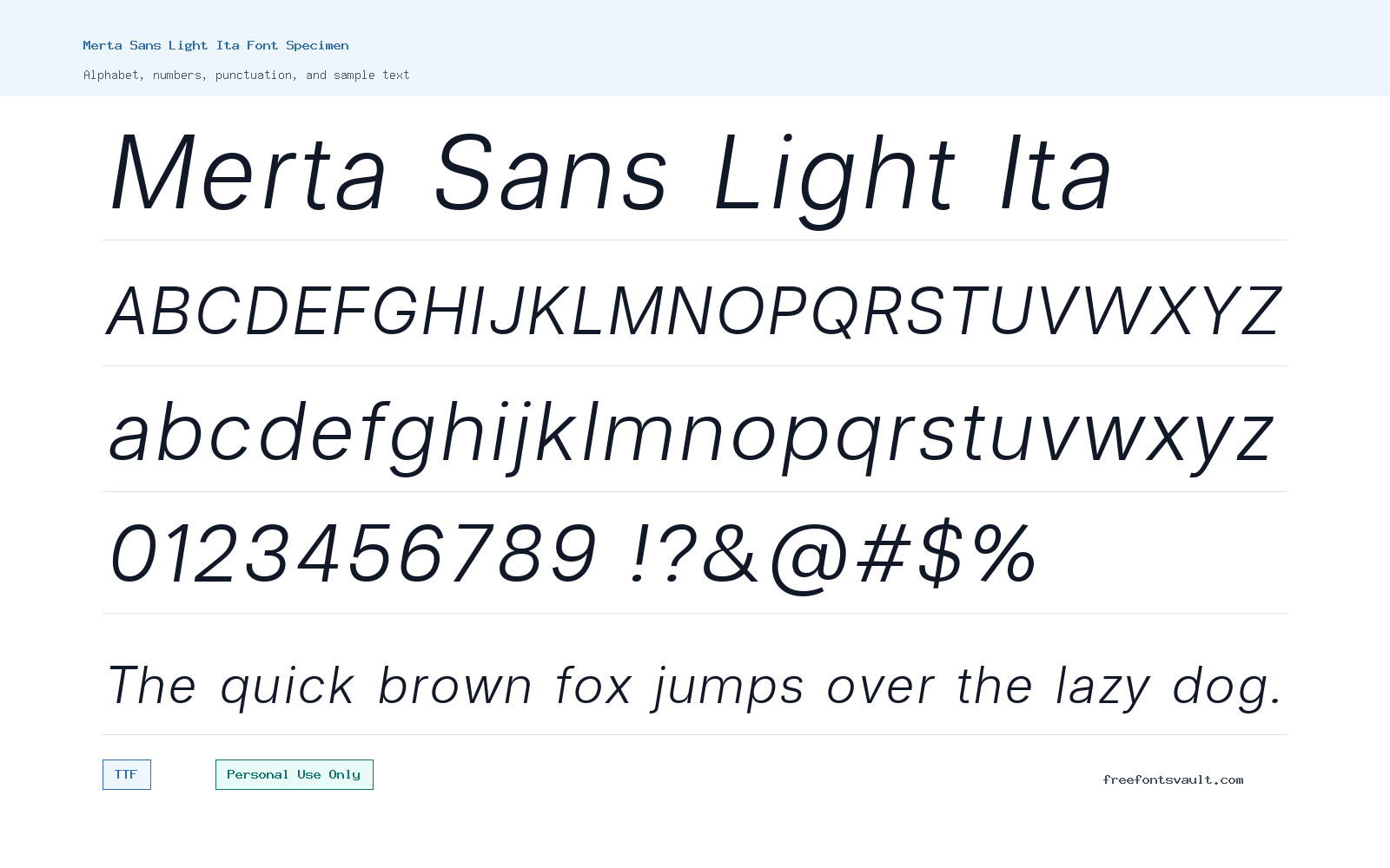 Merta Sans Light Ita font specimen showing alphabet, numbers, and sample text