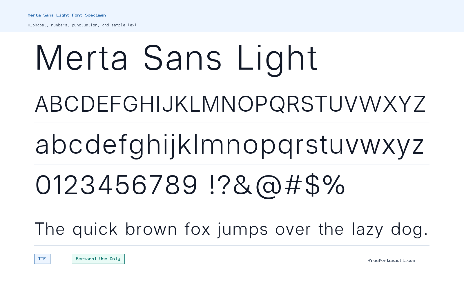 Merta Sans Light font specimen showing alphabet, numbers, and sample text