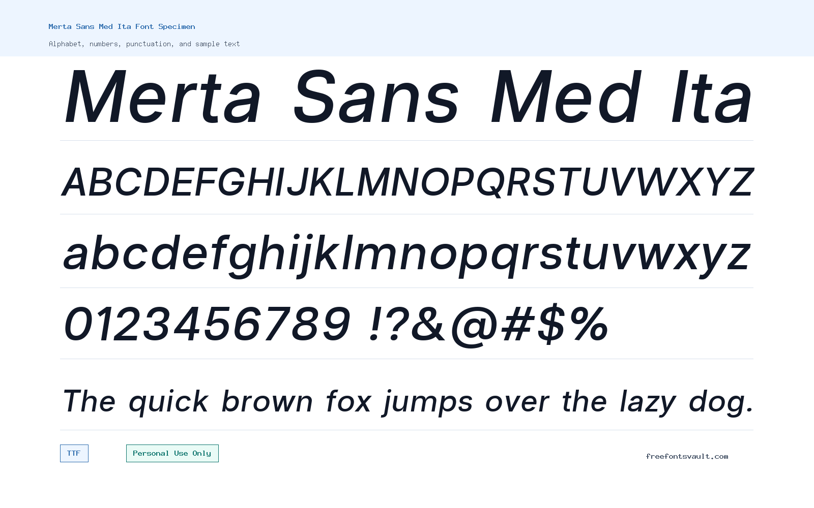 Merta Sans Med Ita font specimen showing alphabet, numbers, and sample text
