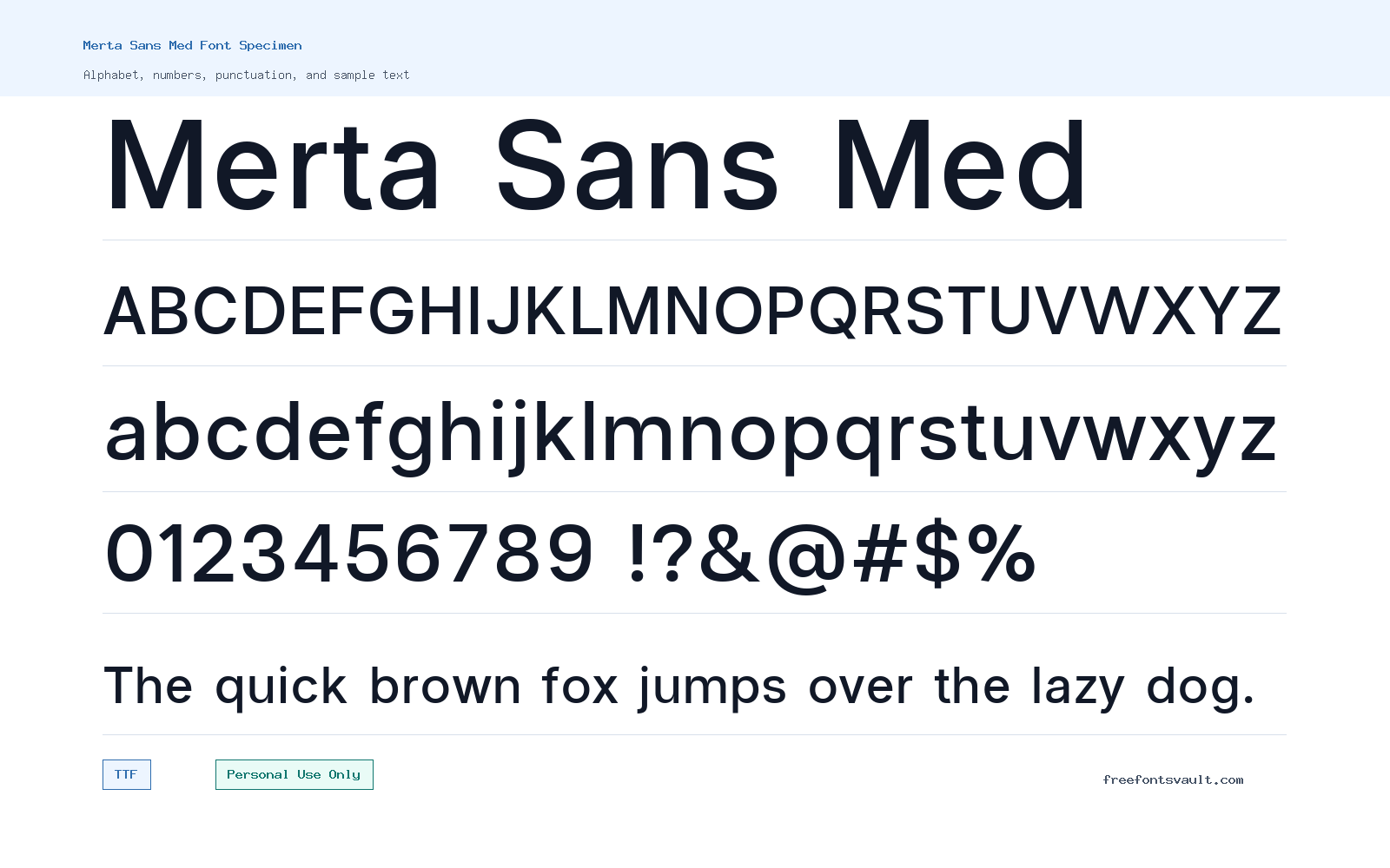 Merta Sans Med font specimen showing alphabet, numbers, and sample text