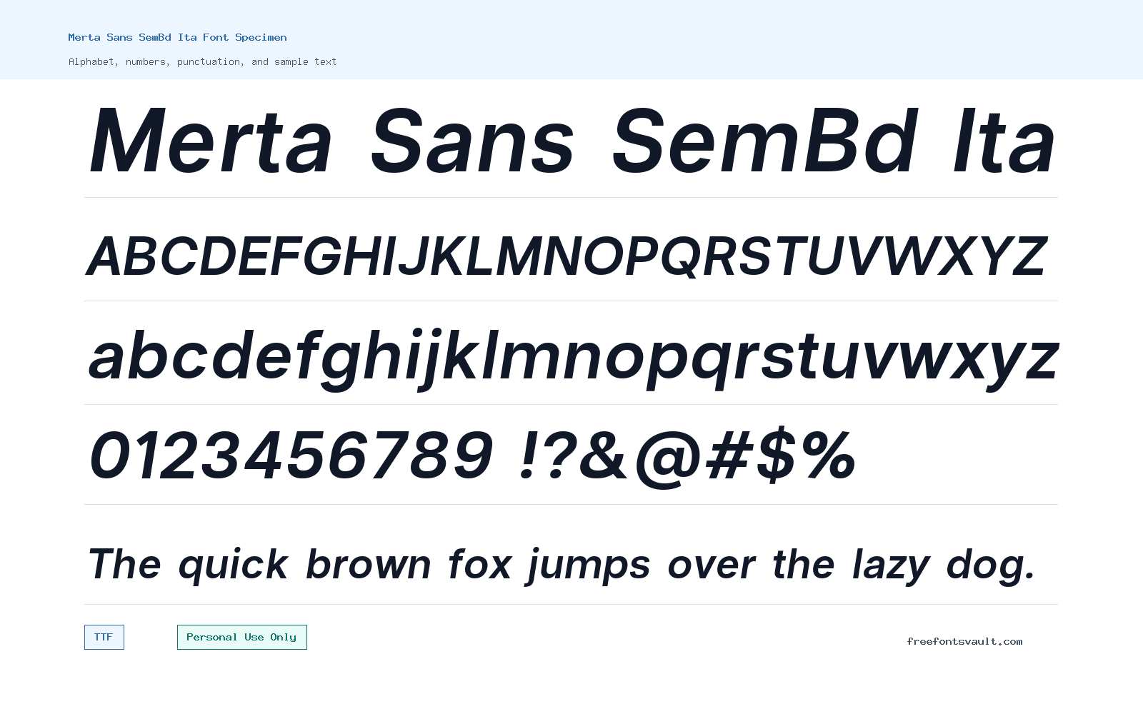Merta Sans SemBd Ita font specimen showing alphabet, numbers, and sample text