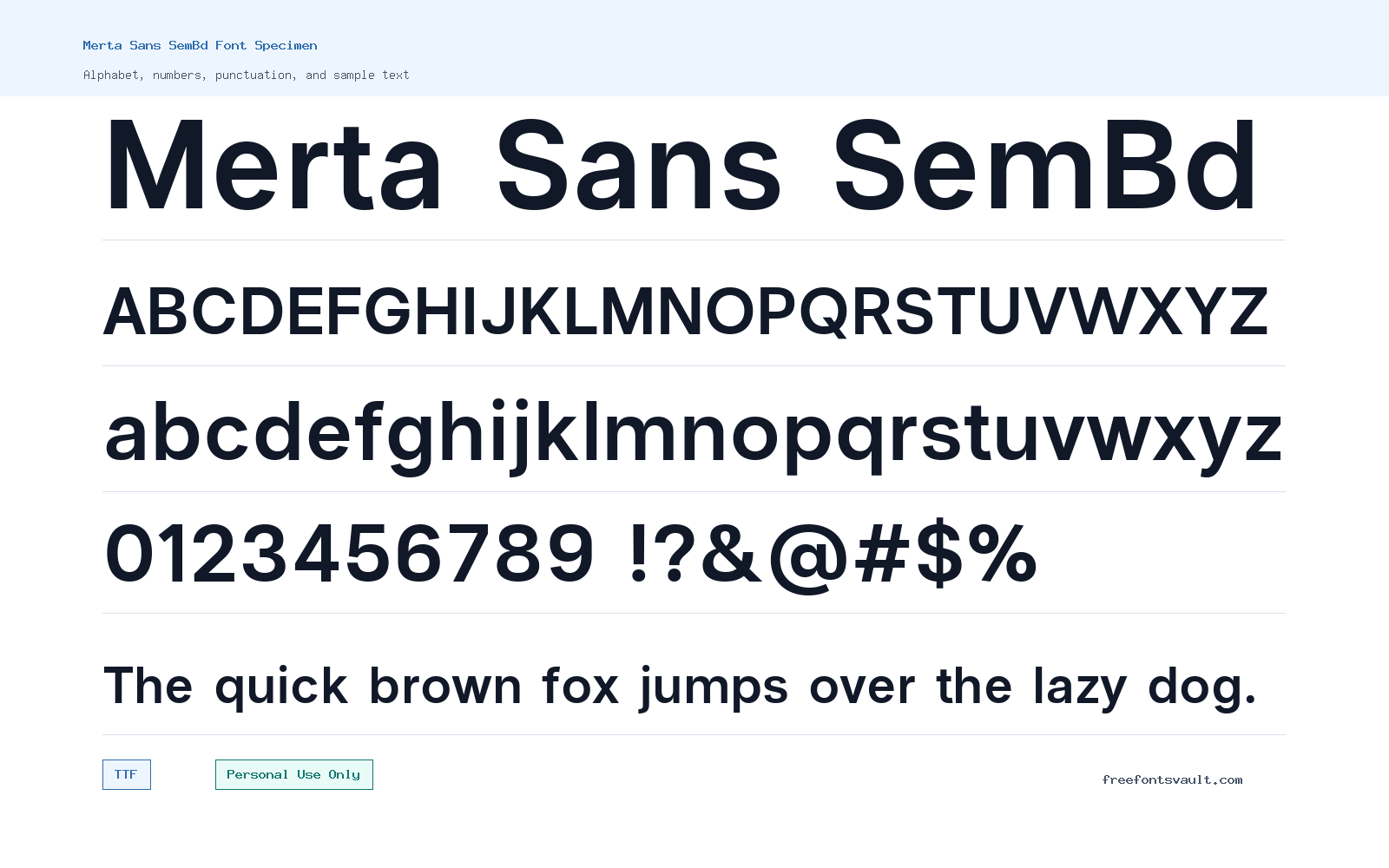 Merta Sans SemBd font specimen showing alphabet, numbers, and sample text
