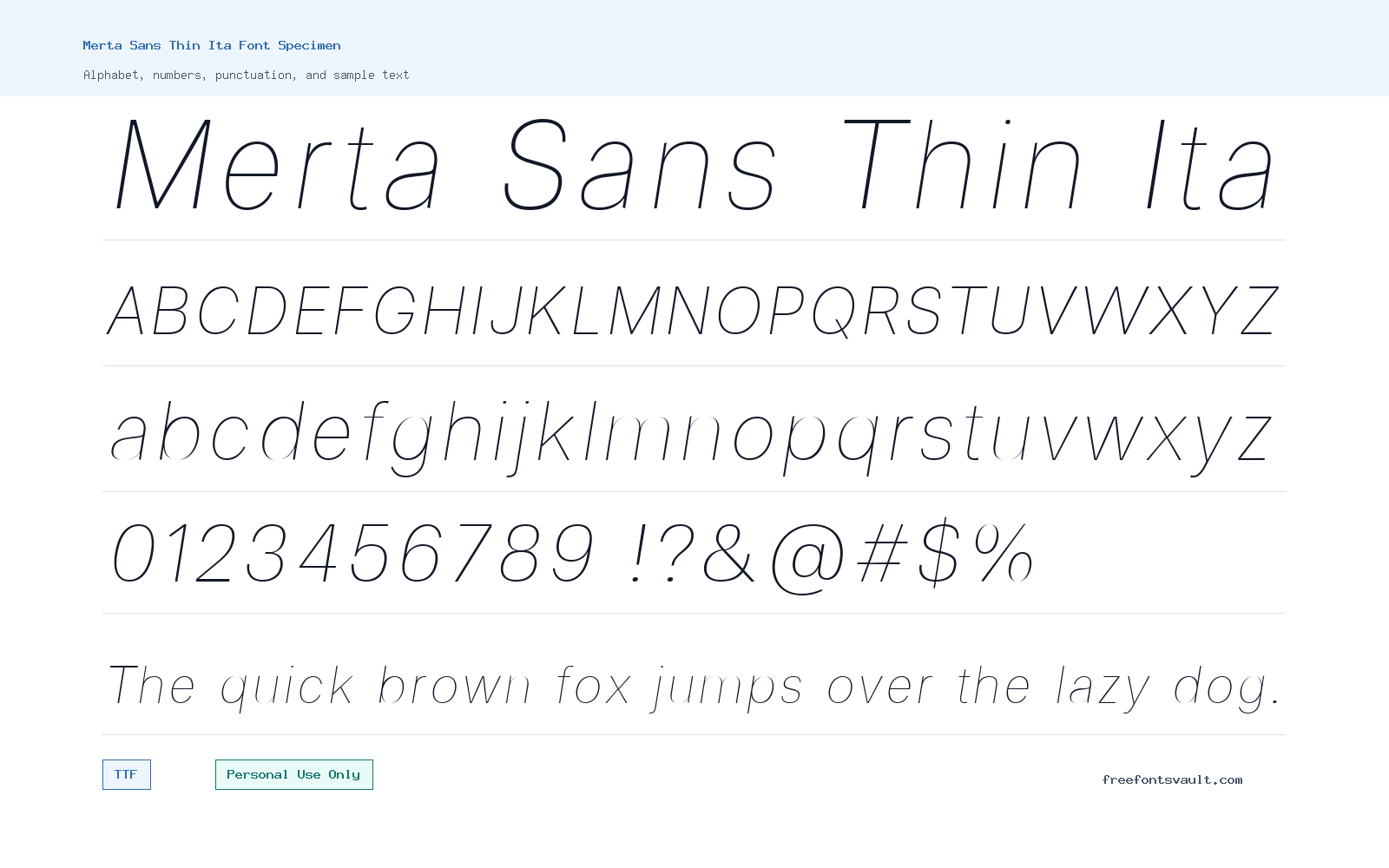 Merta Sans Thin Ita font specimen showing alphabet, numbers, and sample text