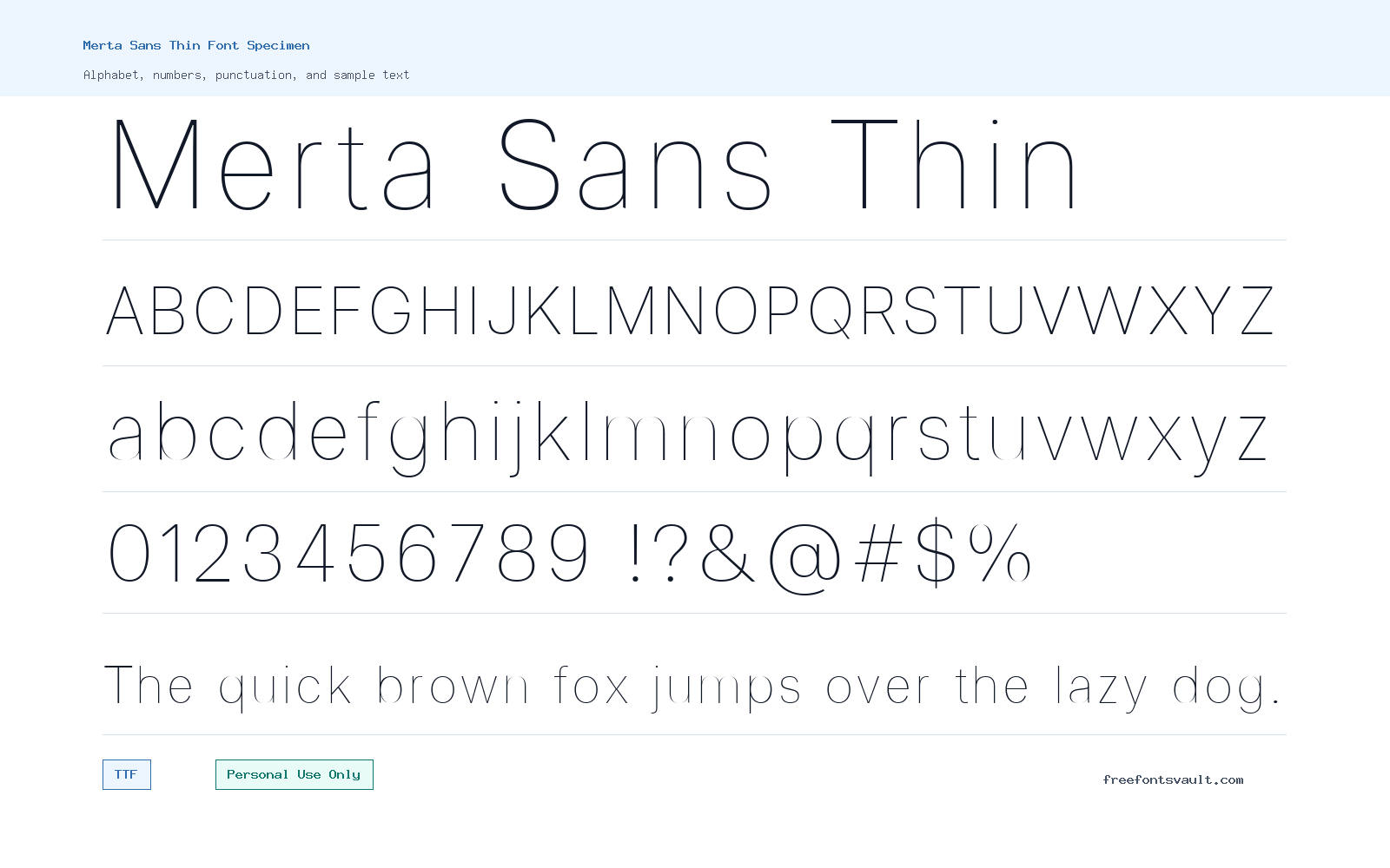 Merta Sans Thin font specimen showing alphabet, numbers, and sample text