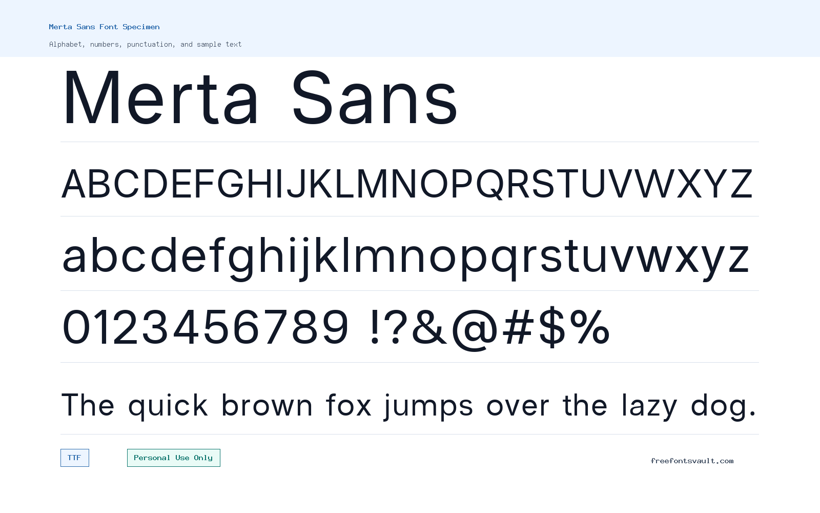 Merta Sans font specimen showing alphabet, numbers, and sample text