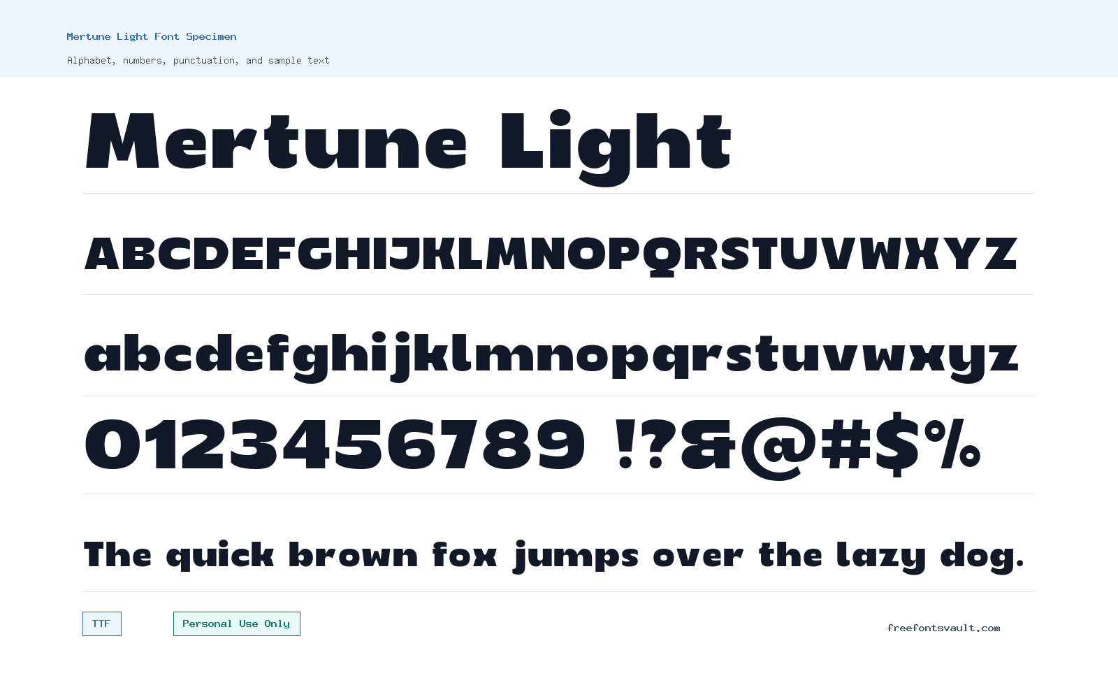 Mertune Light font specimen showing alphabet, numbers, and sample text