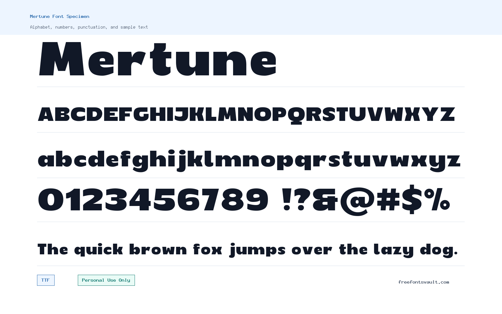 Mertune font specimen showing alphabet, numbers, and sample text