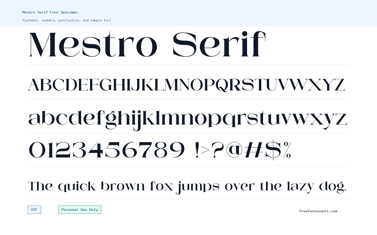 Mestro Serif font specimen showing alphabet, numbers, and sample text