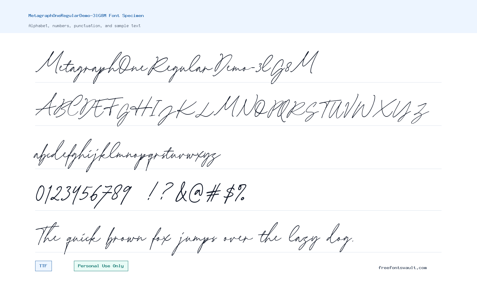 MetagraphOneRegularDemo-3lG8M font specimen showing alphabet, numbers, and sample text