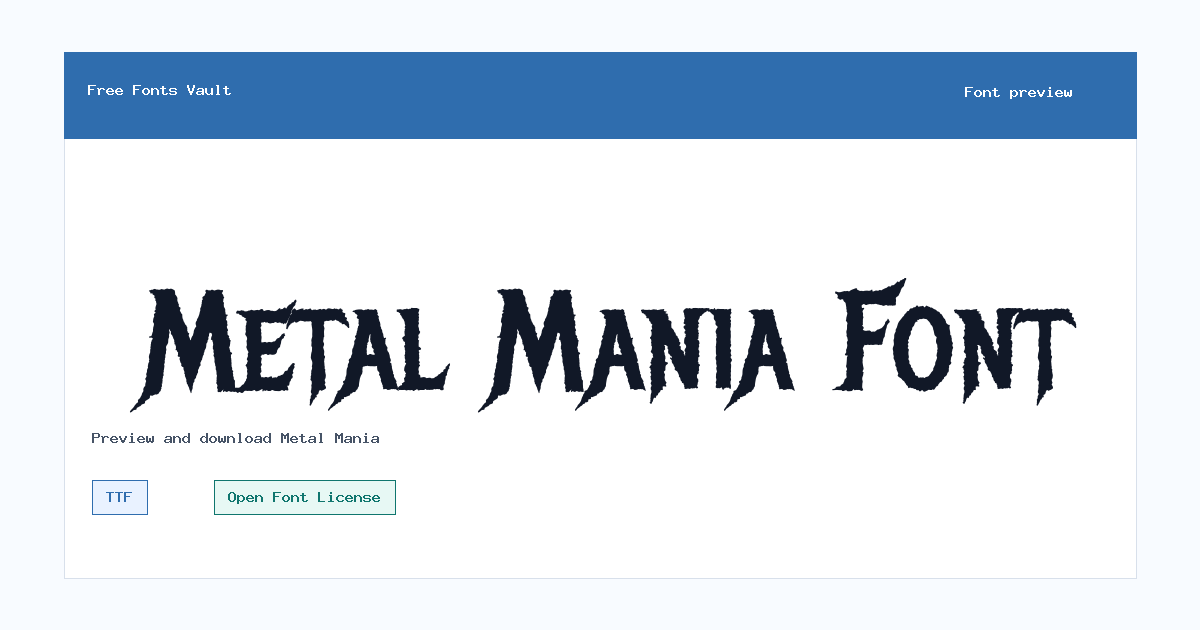 Metal Mania font preview showing the family name