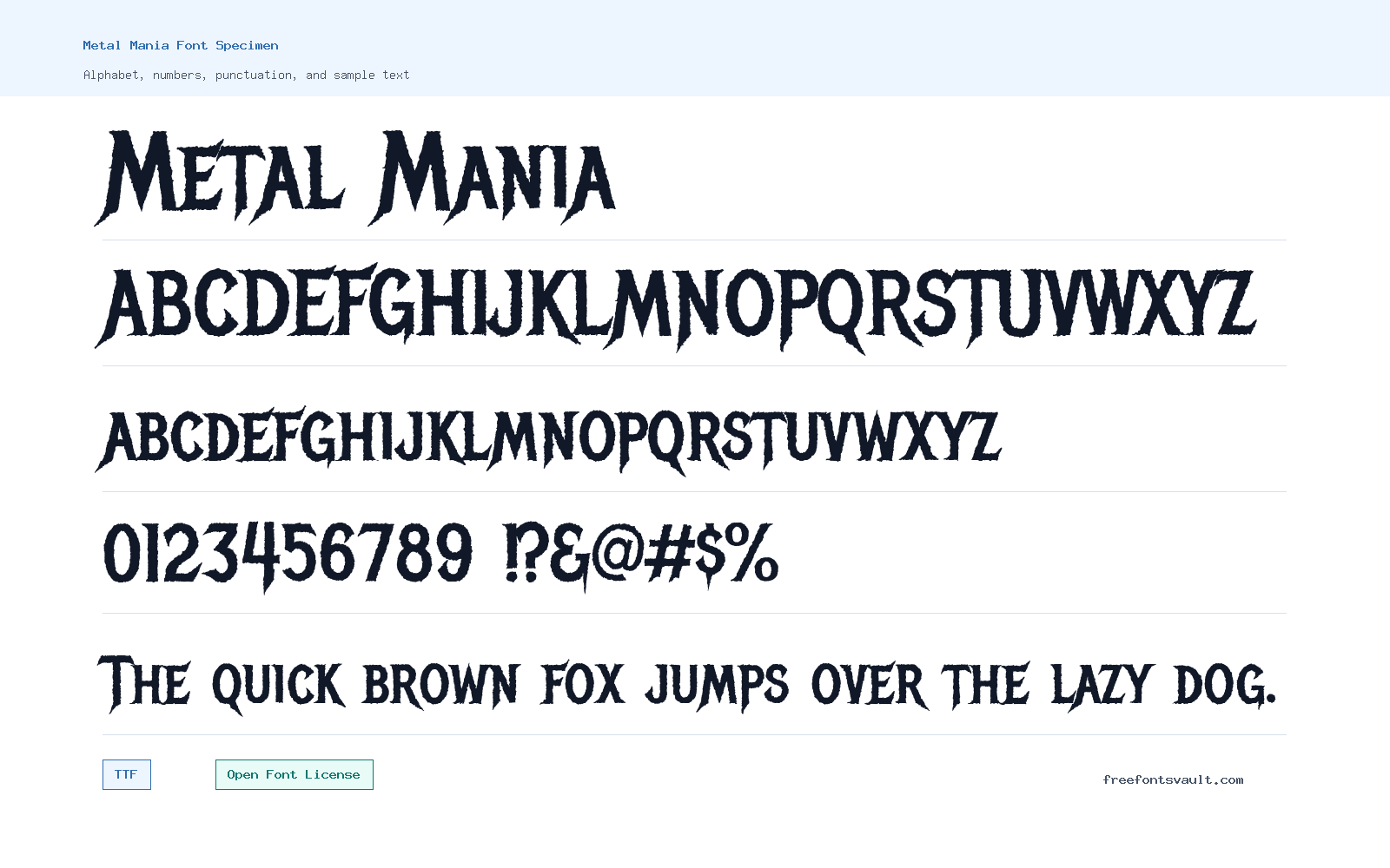 Metal Mania font specimen showing alphabet, numbers, and sample text