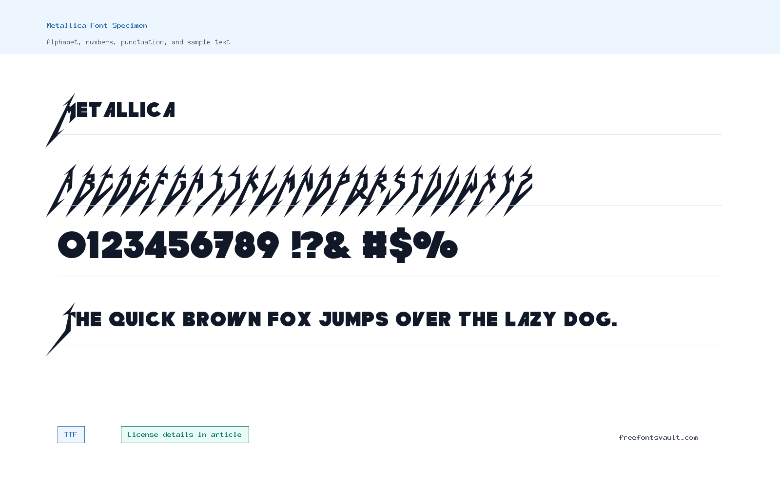 Metallica font specimen showing alphabet, numbers, and sample text