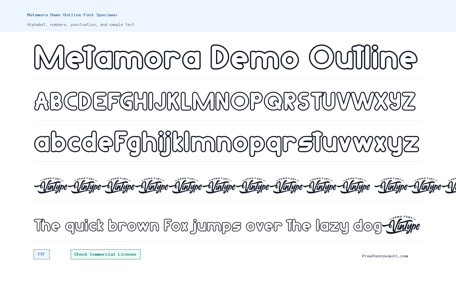 Metamora Demo Outline font specimen showing alphabet, numbers, and sample text