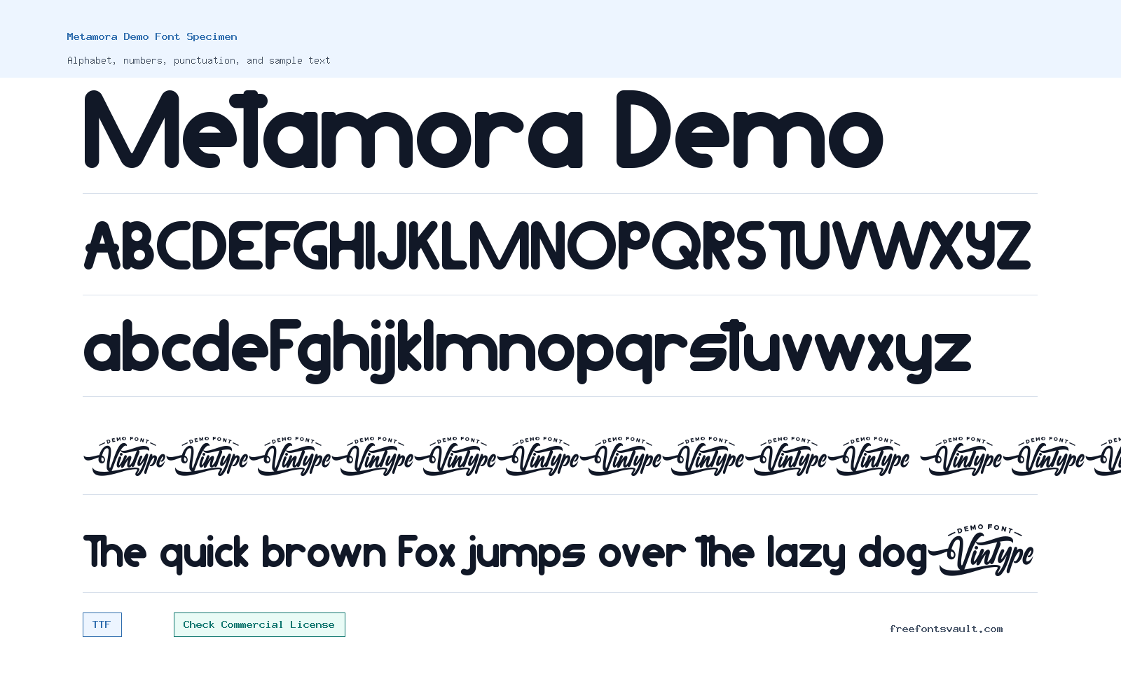 Metamora Demo font specimen showing alphabet, numbers, and sample text