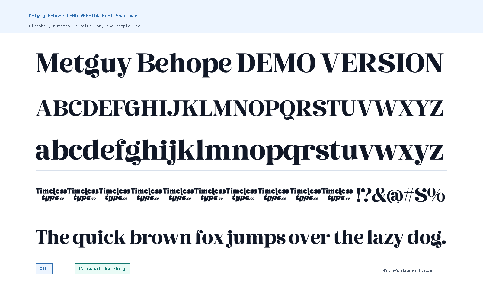 Metguy Behope DEMO VERSION font specimen showing alphabet, numbers, and sample text