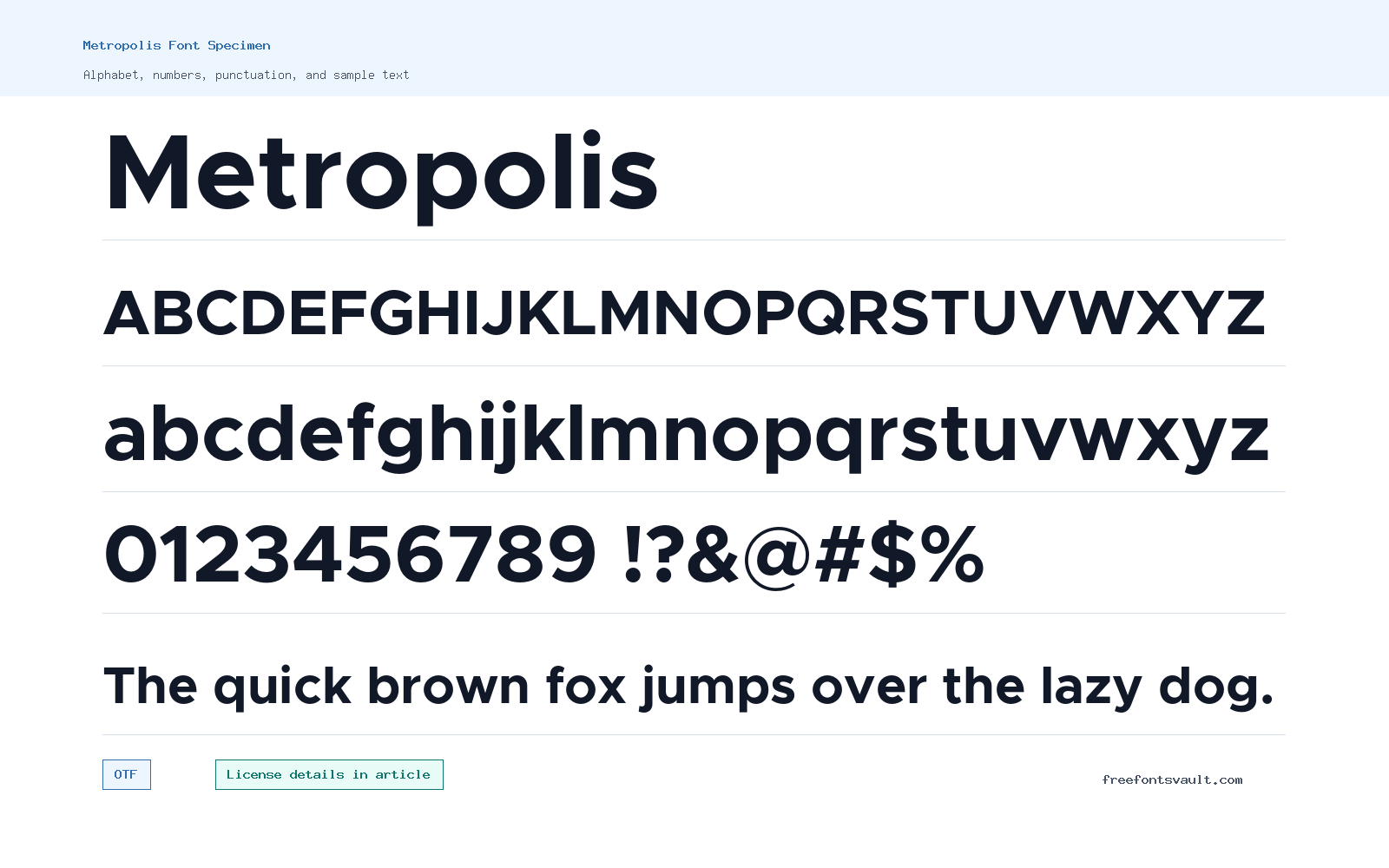 Metropolis font specimen showing alphabet, numbers, and sample text