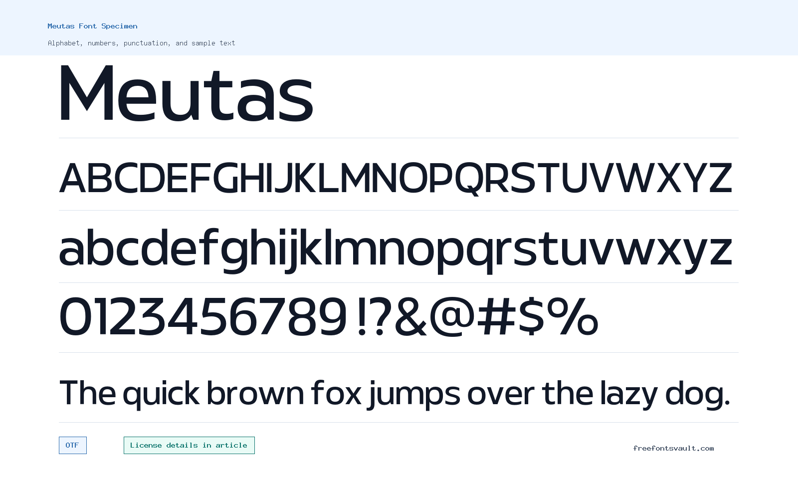 Meutas font specimen showing alphabet, numbers, and sample text