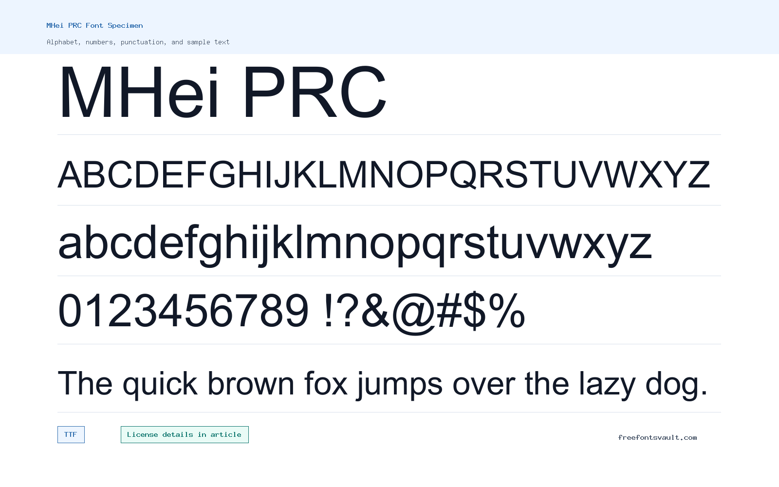 MHei PRC font specimen showing alphabet, numbers, and sample text