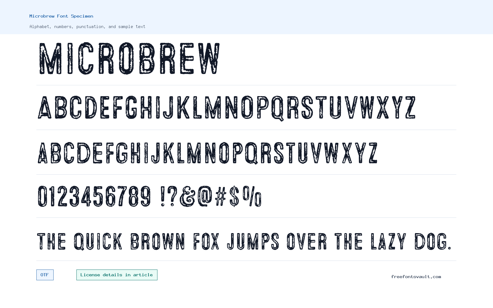 Microbrew font specimen showing alphabet, numbers, and sample text