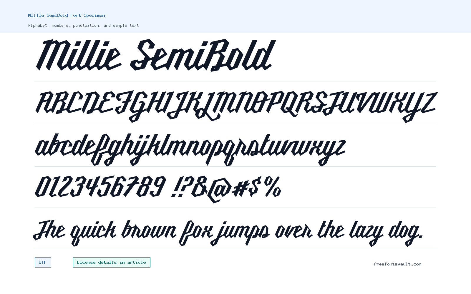 Millie SemiBold font specimen showing alphabet, numbers, and sample text
