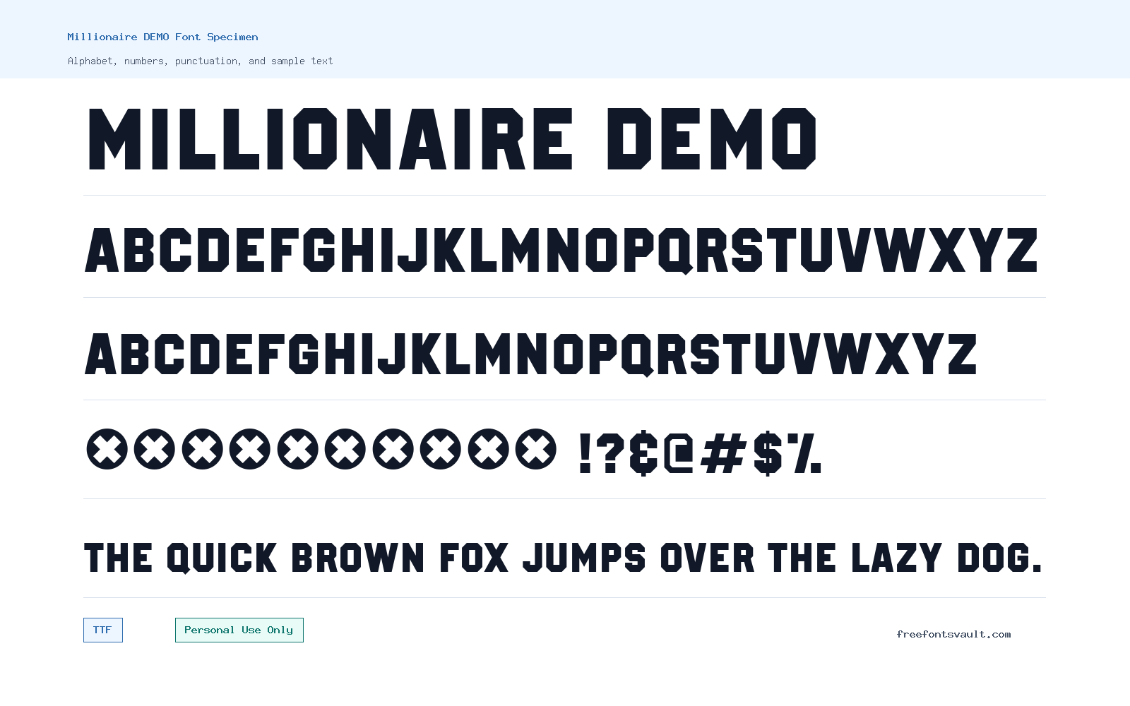 Millionaire DEMO font specimen showing alphabet, numbers, and sample text