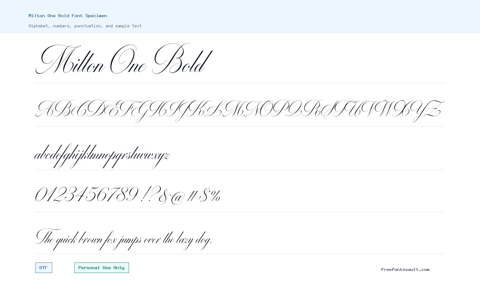Milton One Bold font specimen showing alphabet, numbers, and sample text