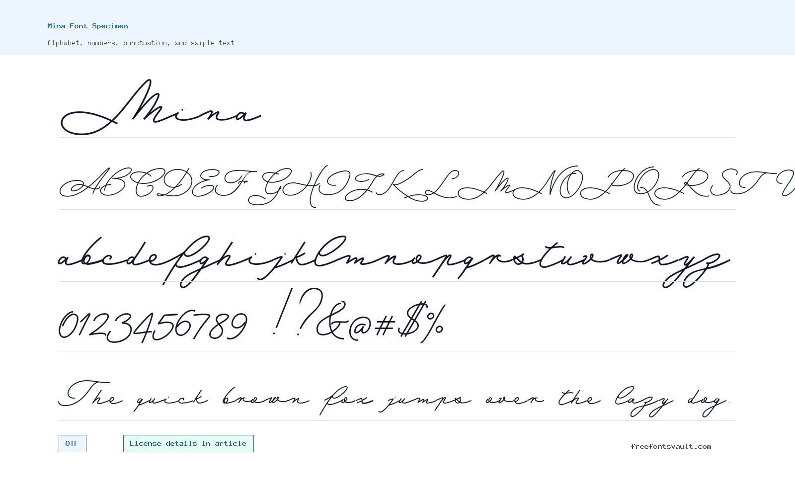Mina font specimen showing alphabet, numbers, and sample text