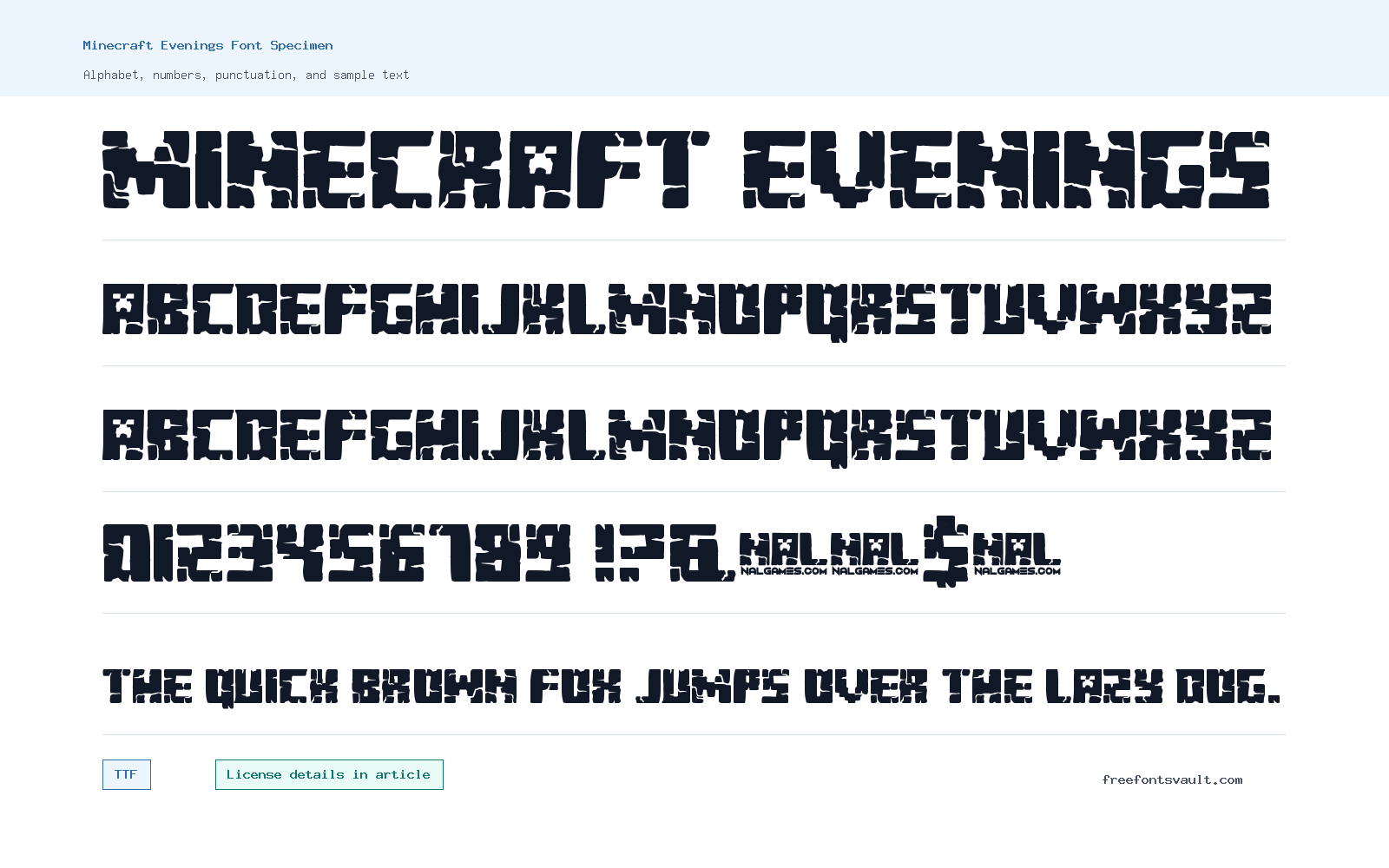 Minecraft Evenings font specimen showing alphabet, numbers, and sample text