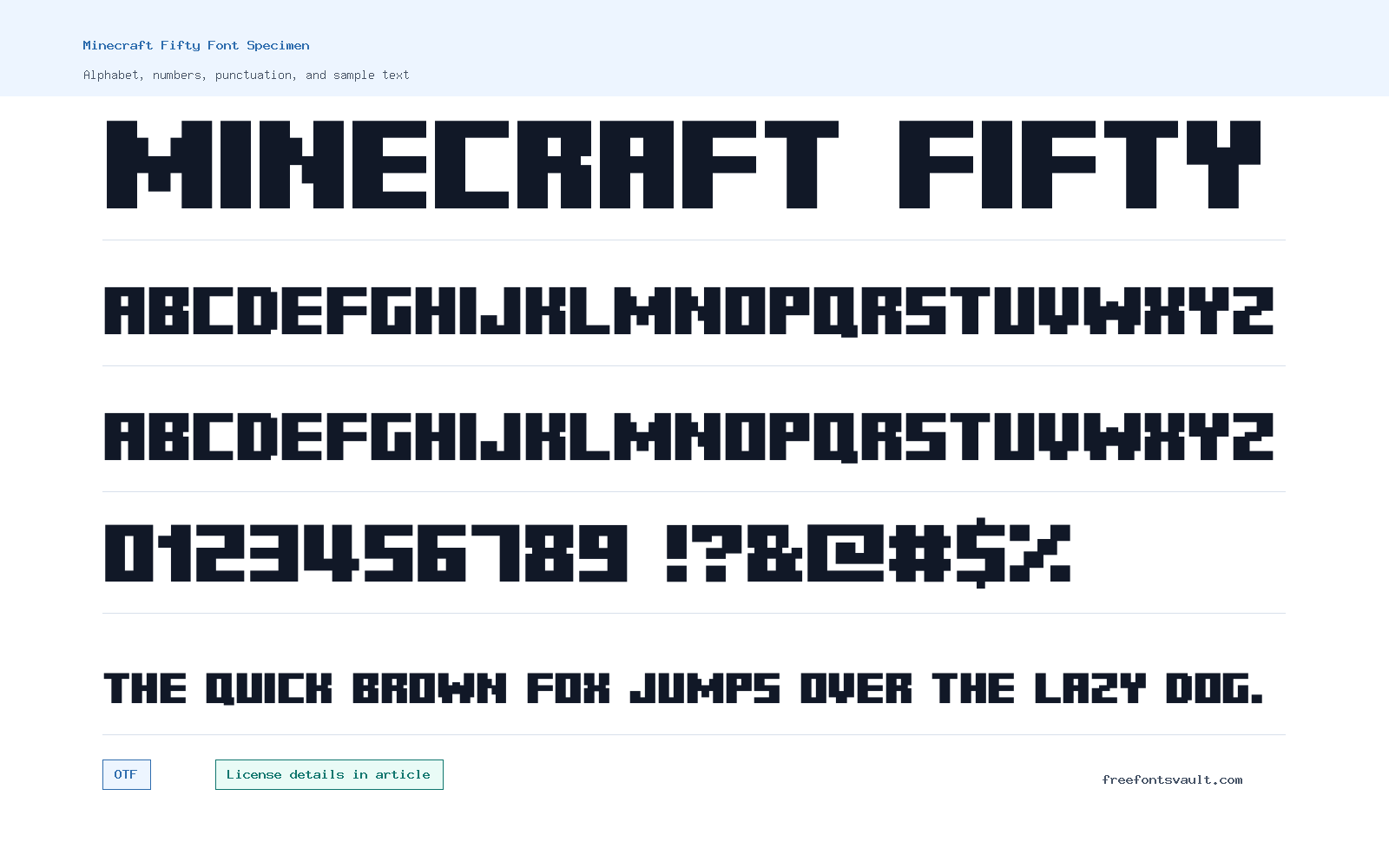 Minecraft Fifty font specimen showing alphabet, numbers, and sample text