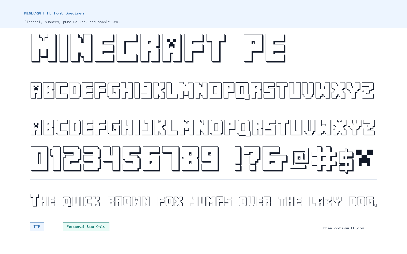 MINECRAFT PE font specimen showing alphabet, numbers, and sample text
