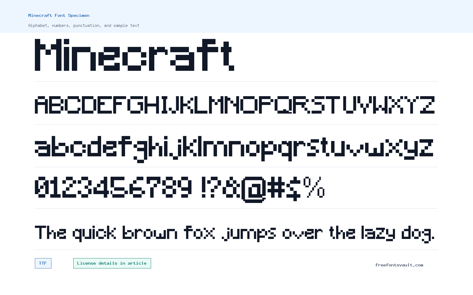 Minecraft font specimen showing alphabet, numbers, and sample text