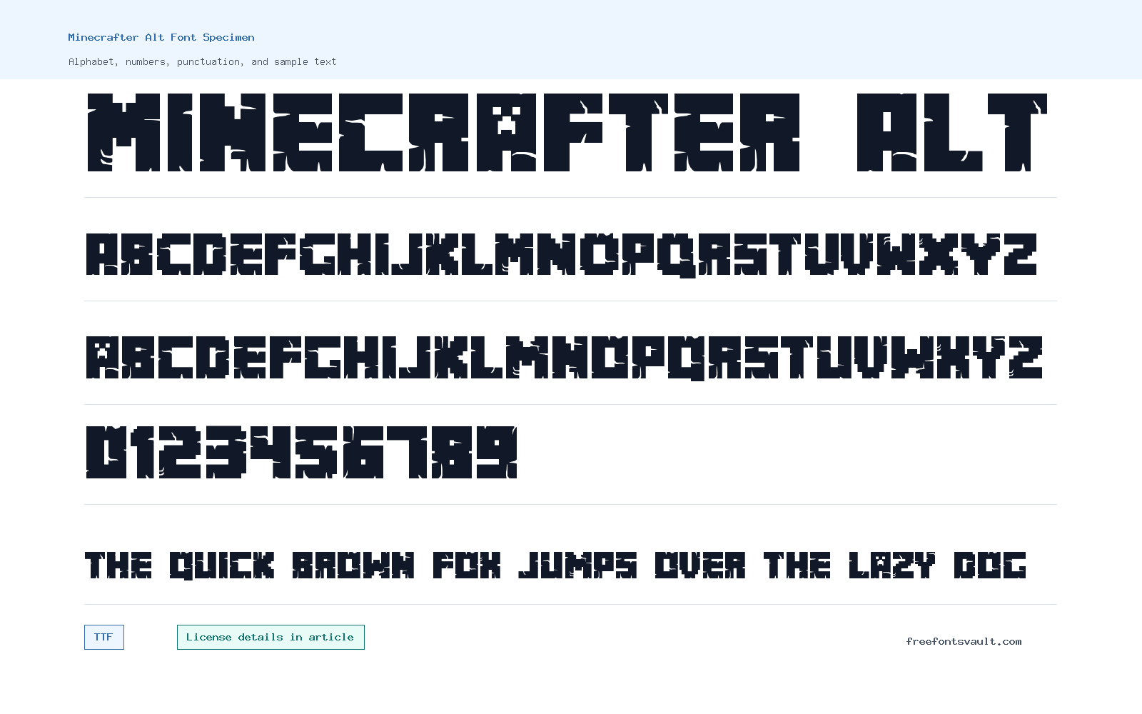Minecrafter Alt font specimen showing alphabet, numbers, and sample text