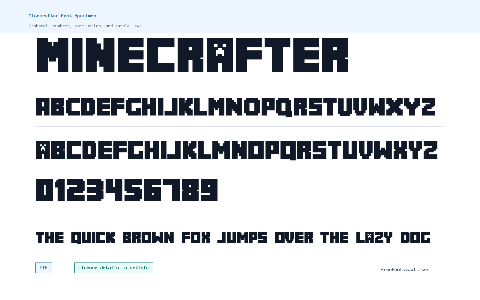 Minecrafter font specimen showing alphabet, numbers, and sample text