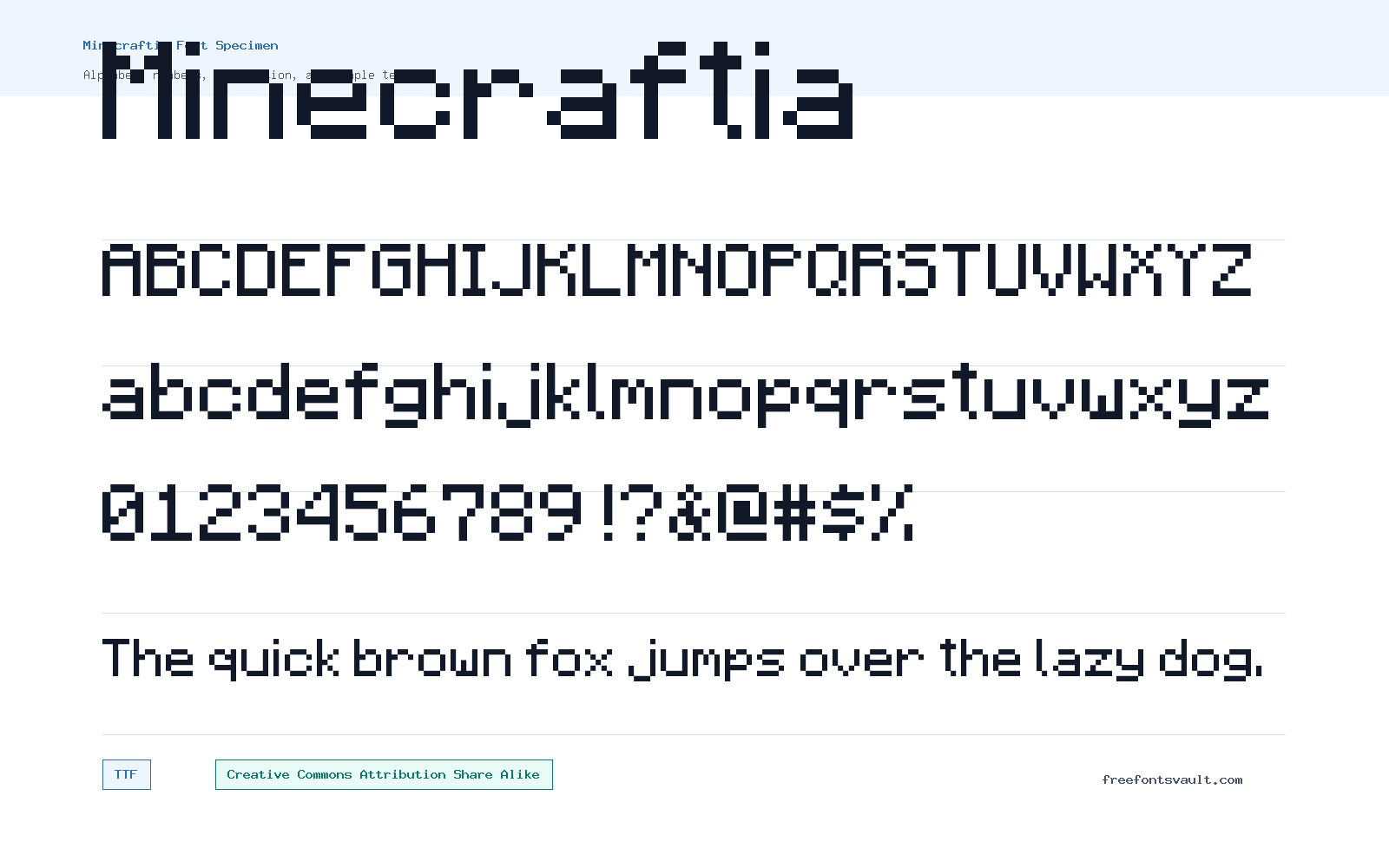 Minecraftia font specimen showing alphabet, numbers, and sample text