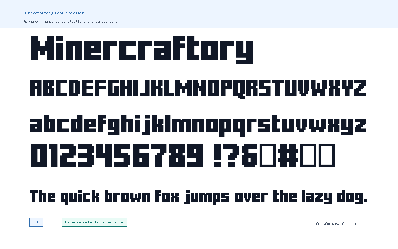 Minercraftory font specimen showing alphabet, numbers, and sample text