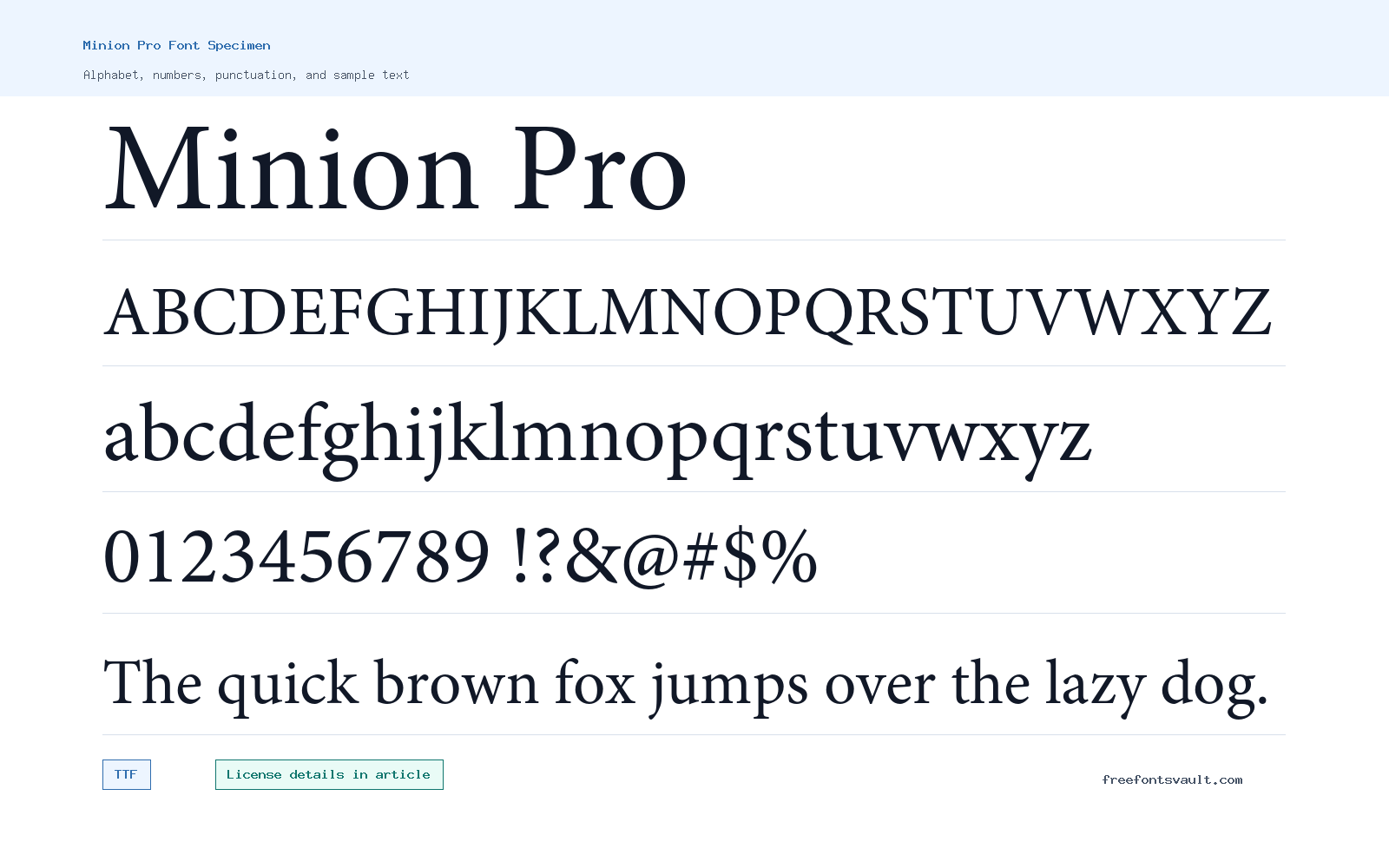 Minion Pro font specimen showing alphabet, numbers, and sample text