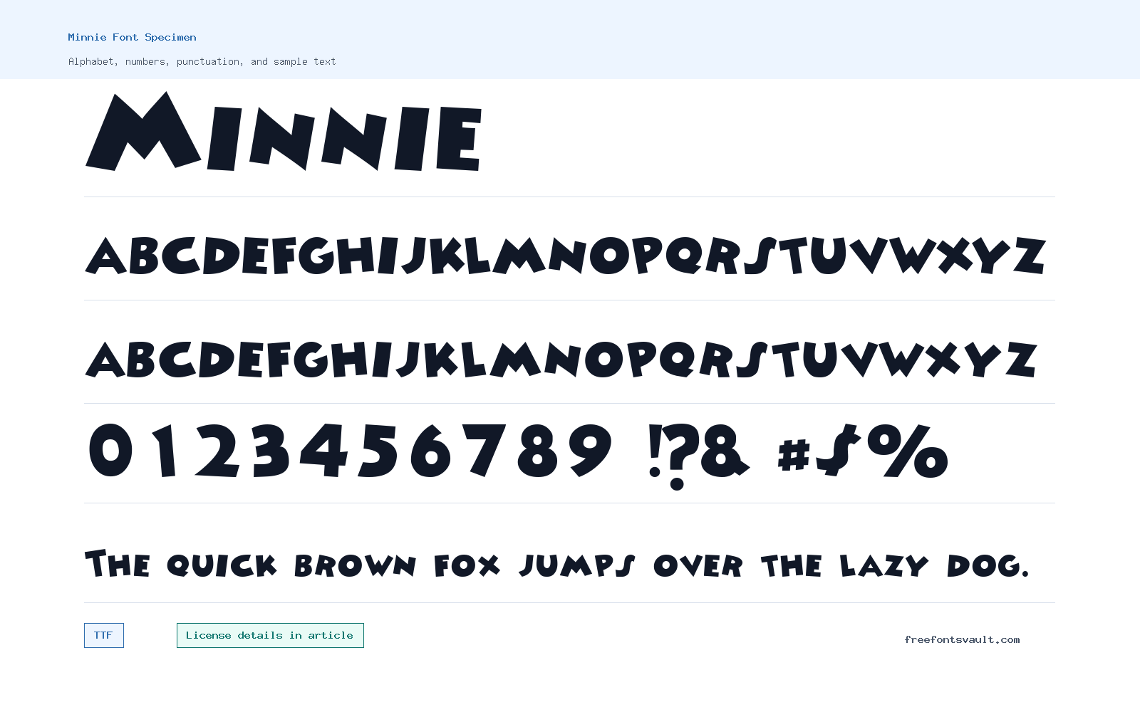 Minnie font specimen showing alphabet, numbers, and sample text