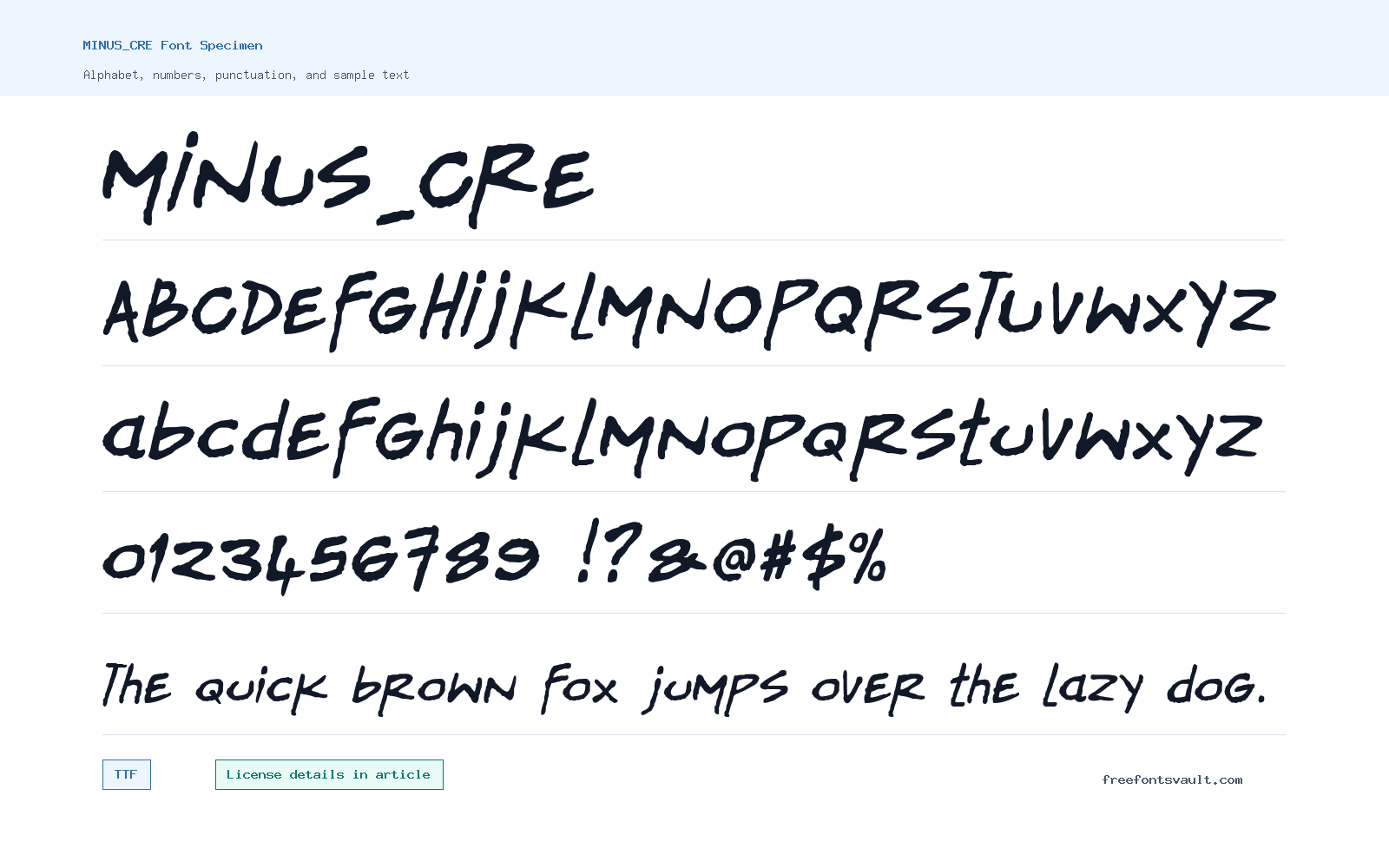 MINUS_CRE font specimen showing alphabet, numbers, and sample text