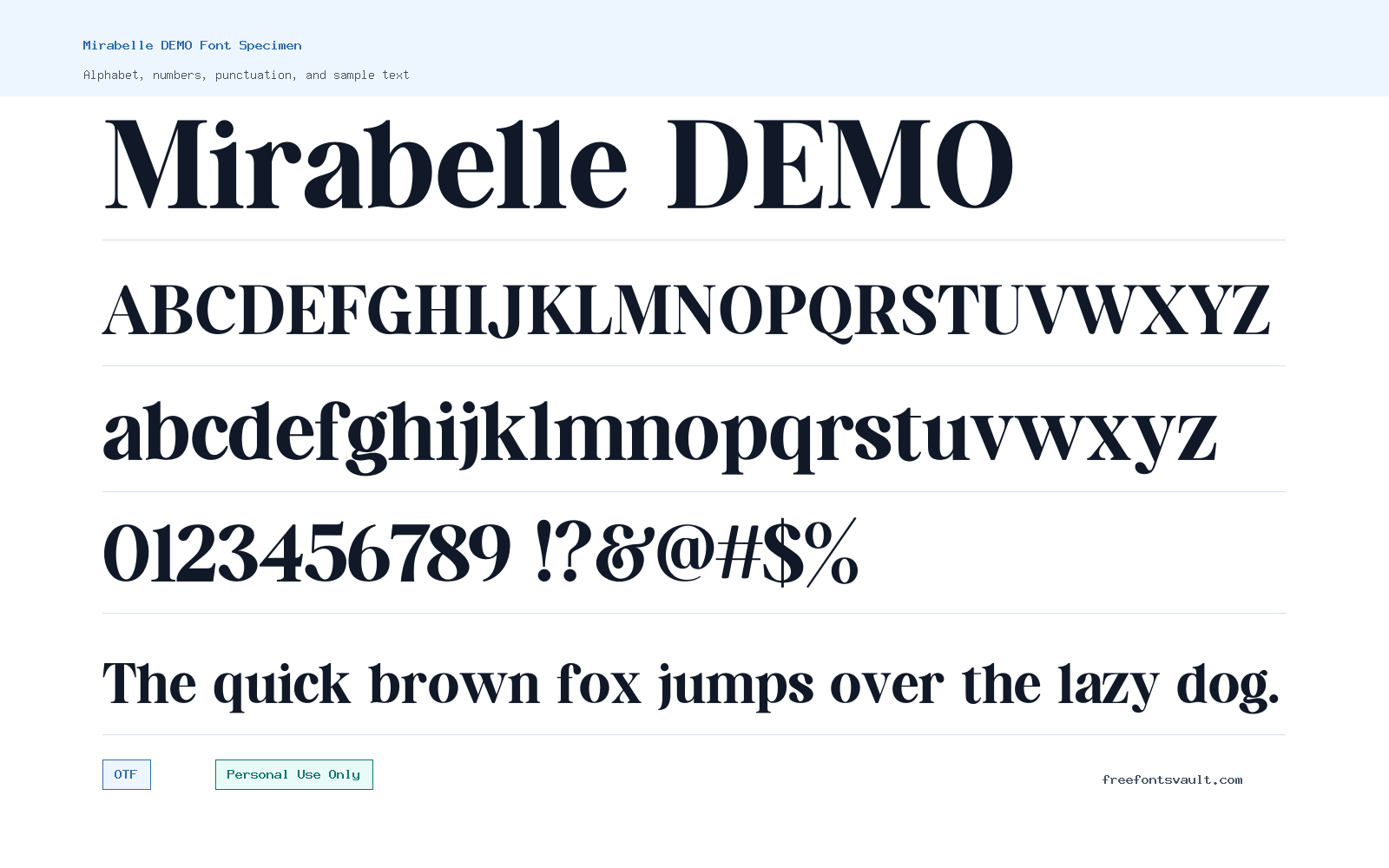 Mirabelle DEMO font specimen showing alphabet, numbers, and sample text