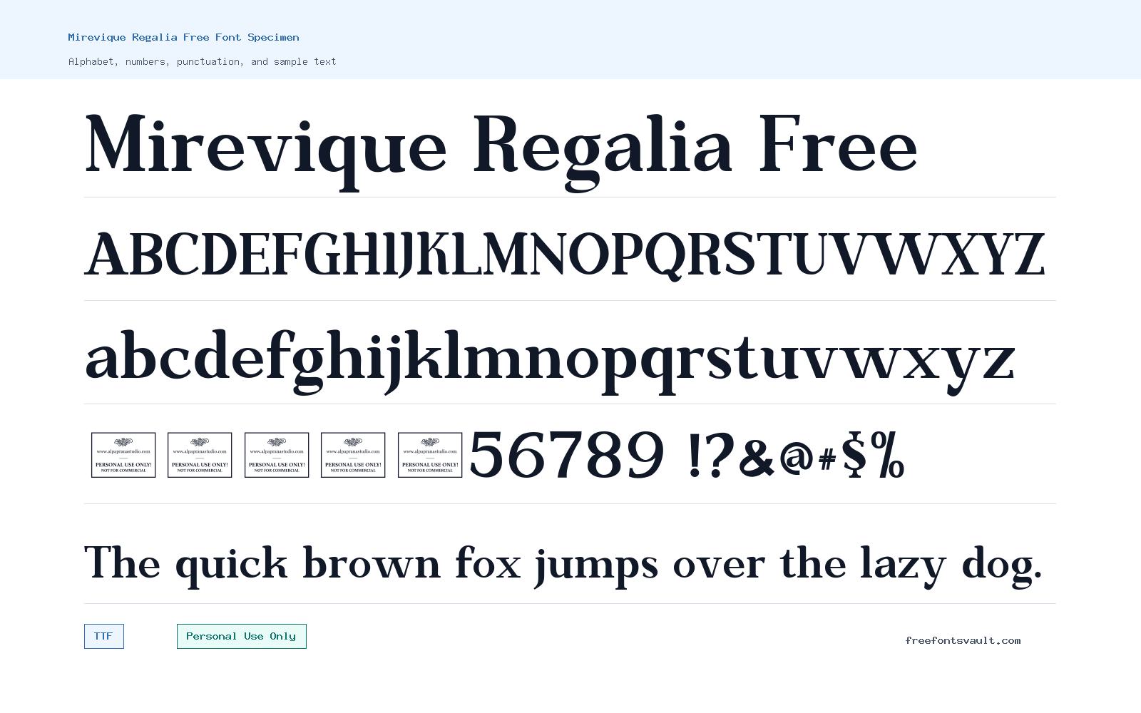 Mirevique Regalia Free font specimen showing alphabet, numbers, and sample text
