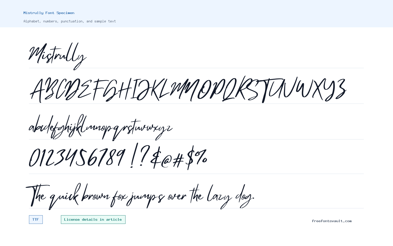 Mistrully font specimen showing alphabet, numbers, and sample text