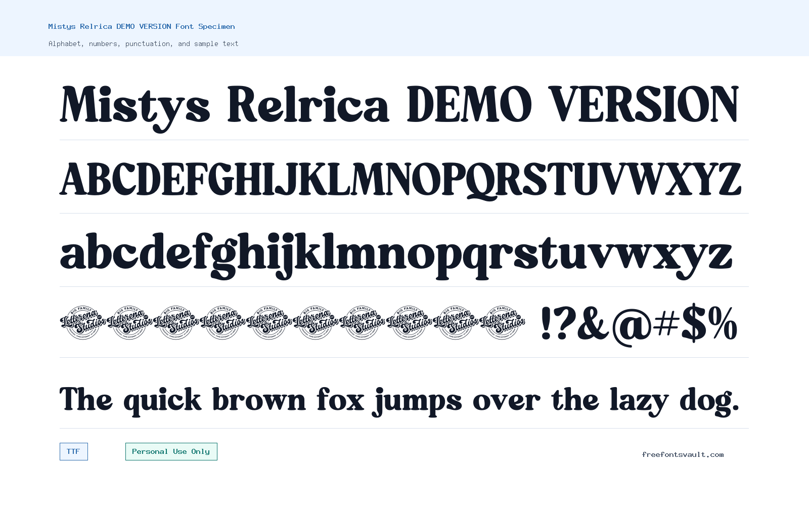 Mistys Relrica DEMO VERSION font specimen showing alphabet, numbers, and sample text