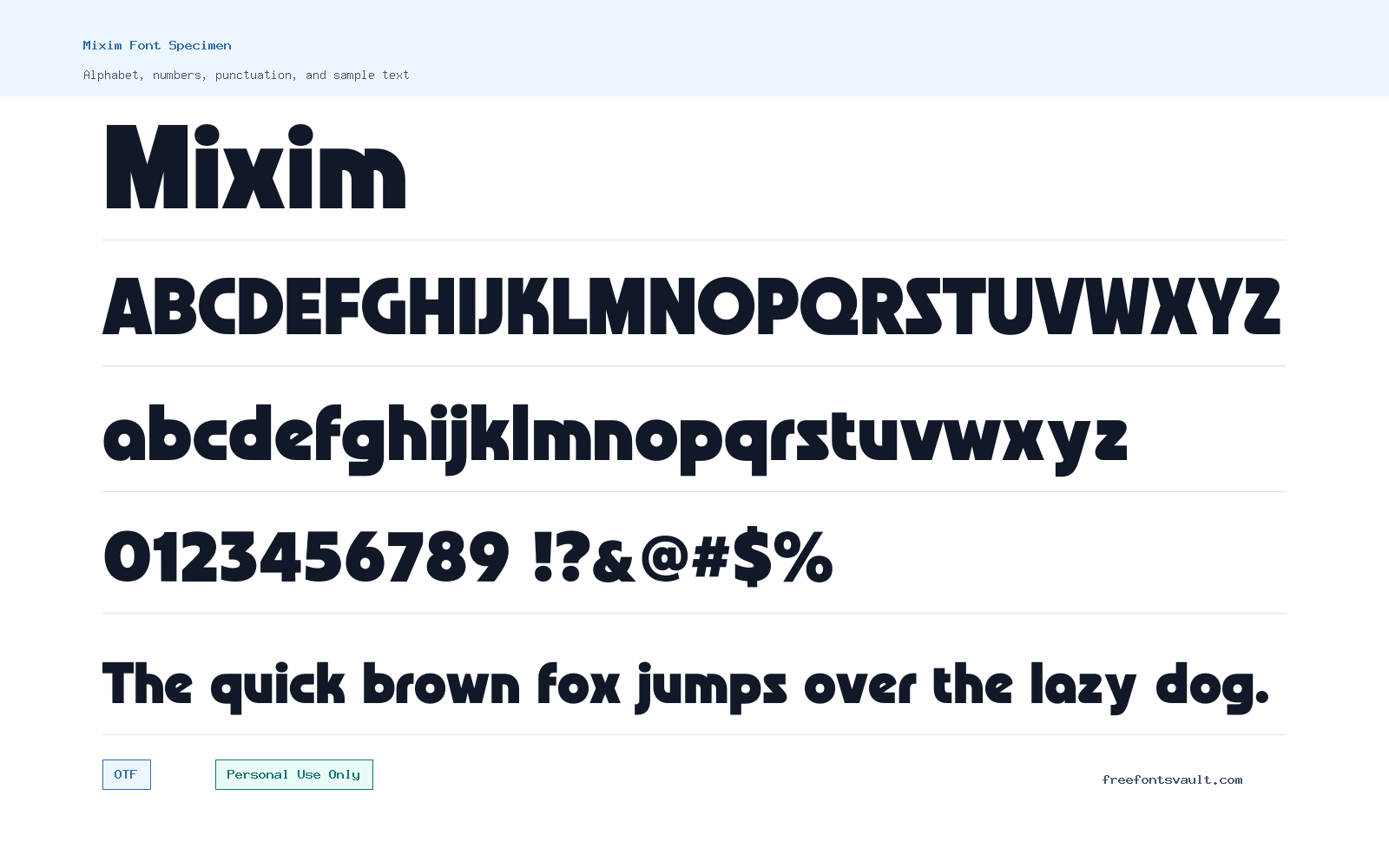 Mixim font specimen showing alphabet, numbers, and sample text
