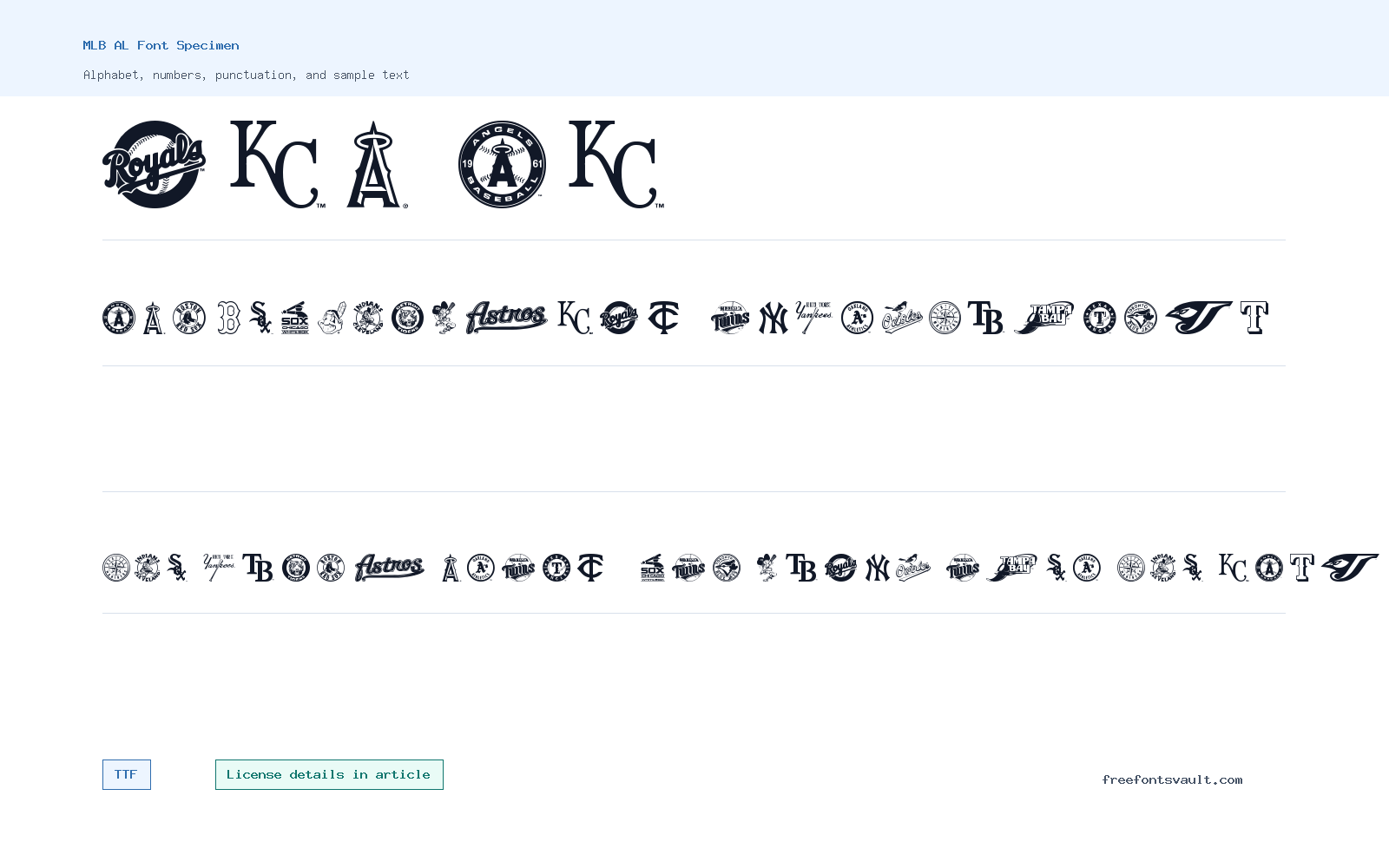 MLB AL font specimen showing alphabet, numbers, and sample text