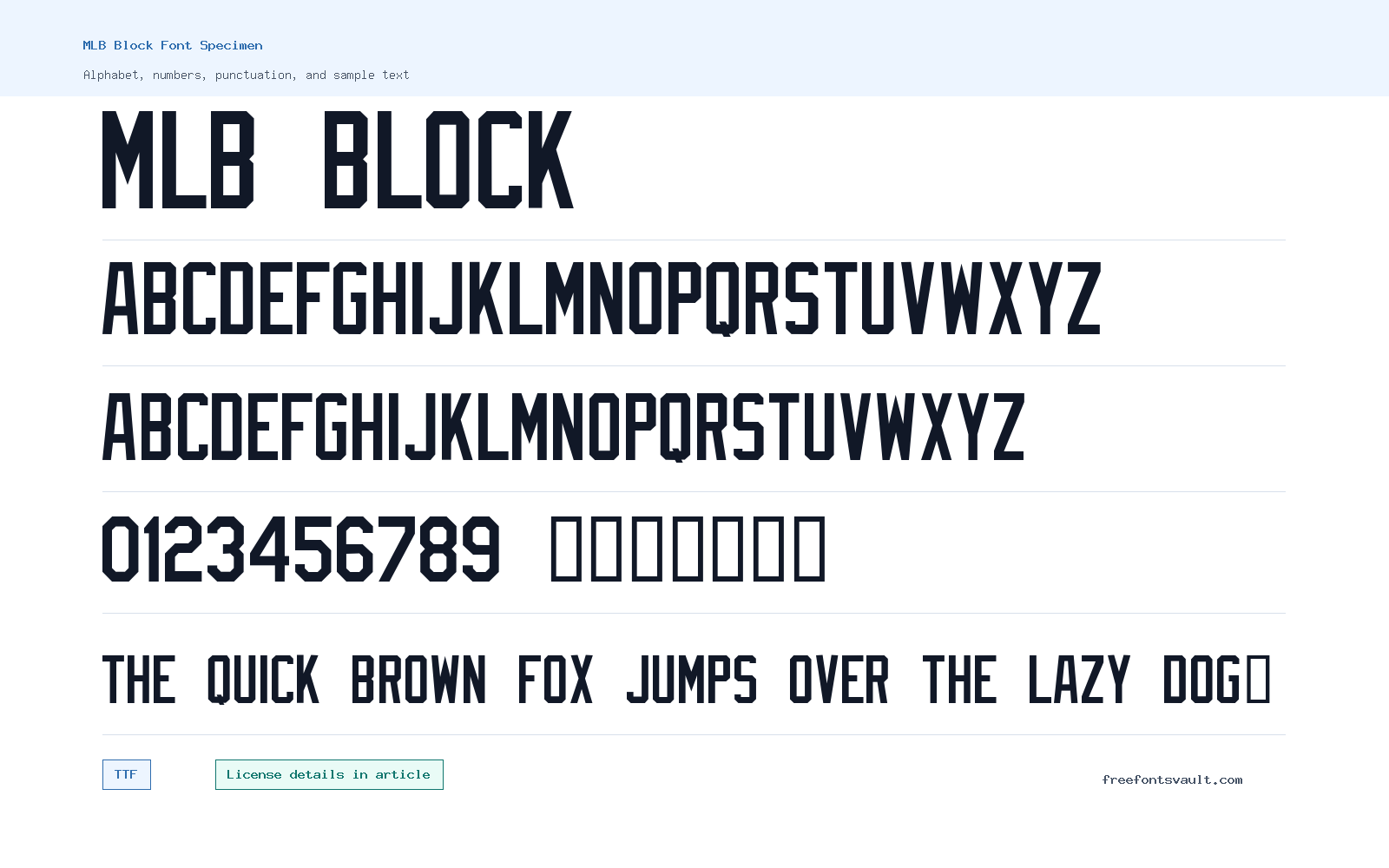 MLB Block font specimen showing alphabet, numbers, and sample text